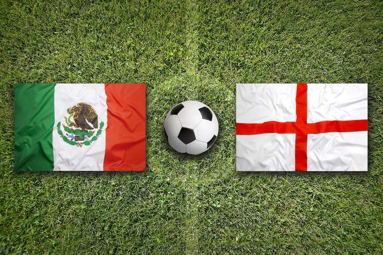 Mexico and England Flags on Football Pitch